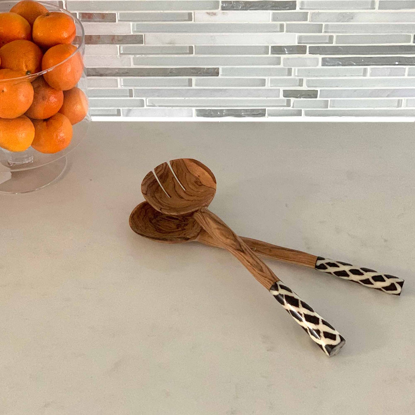 Olive Wood Serving Set, Diamond Batik Handles