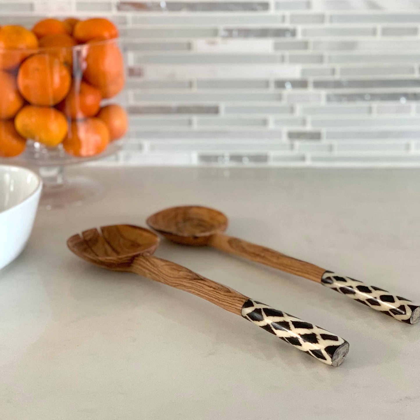 Olive Wood Serving Set, Diamond Batik Handles