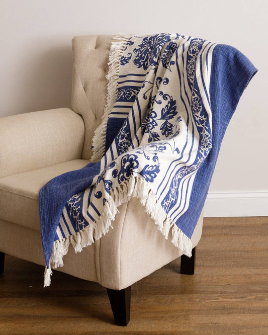 White And Blue Floral Throw
