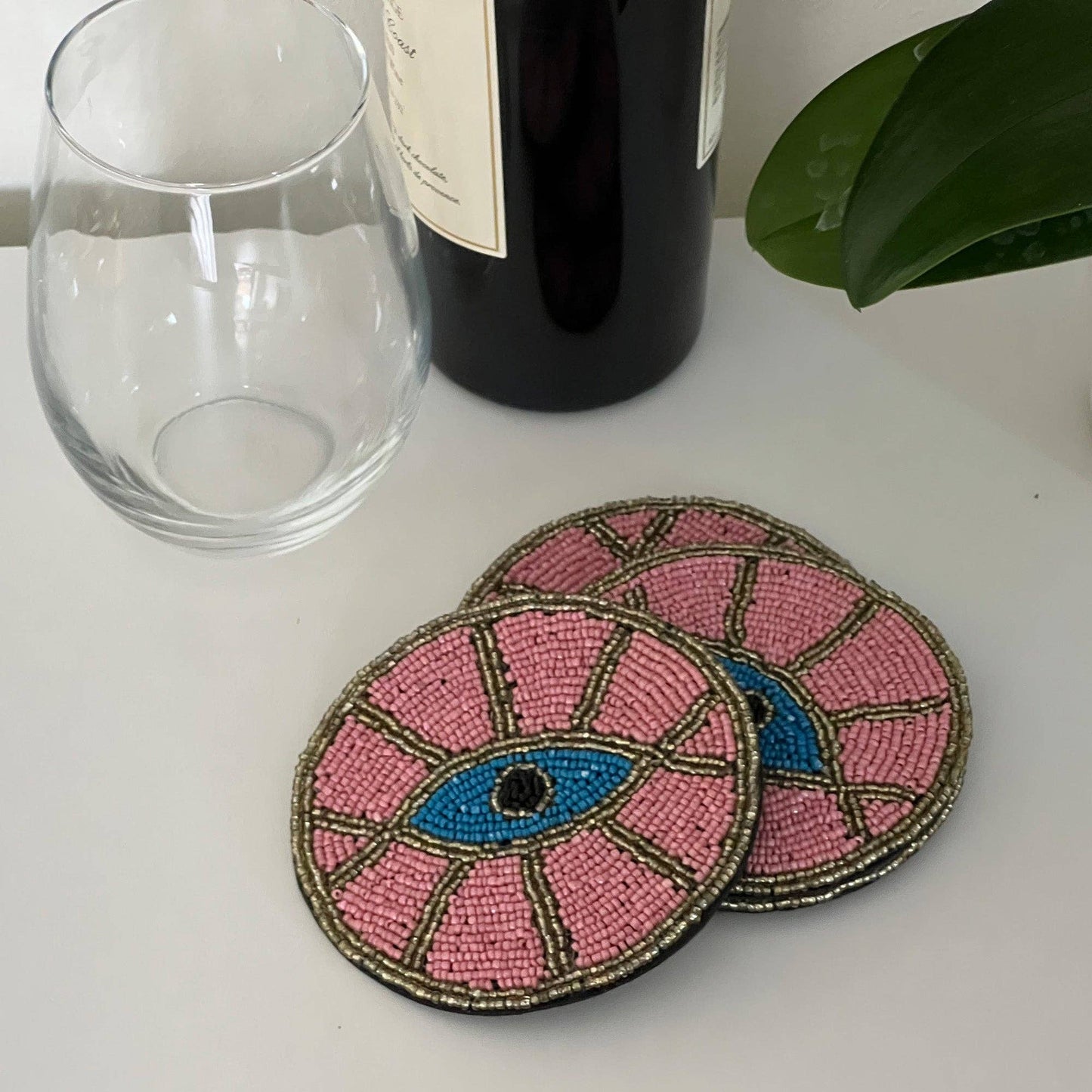 Coasters Pink Evil Eye Beaded, Set of 4