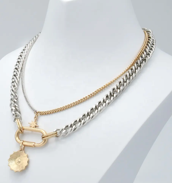 Carabiner Evil Eye Charm Stacked Necklace