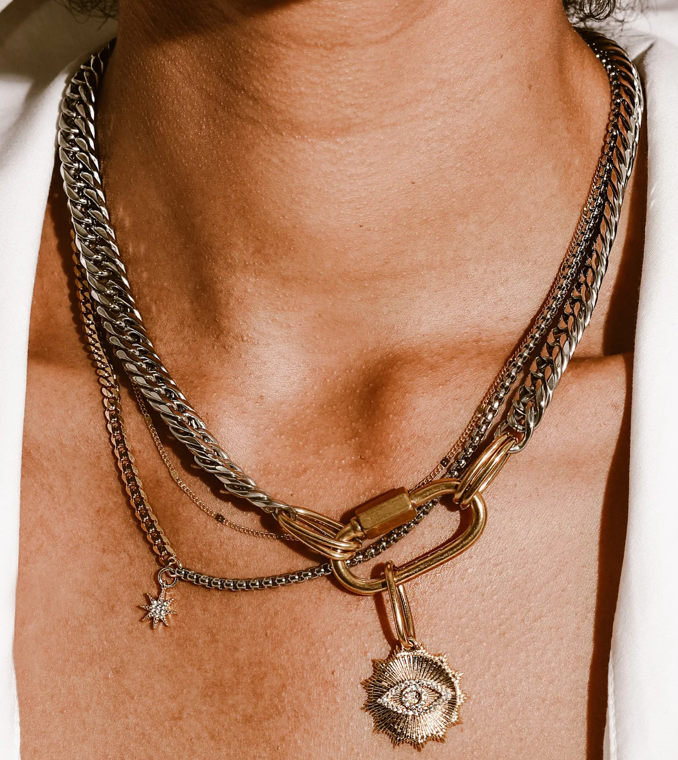 Carabiner Evil Eye Charm Stacked Necklace