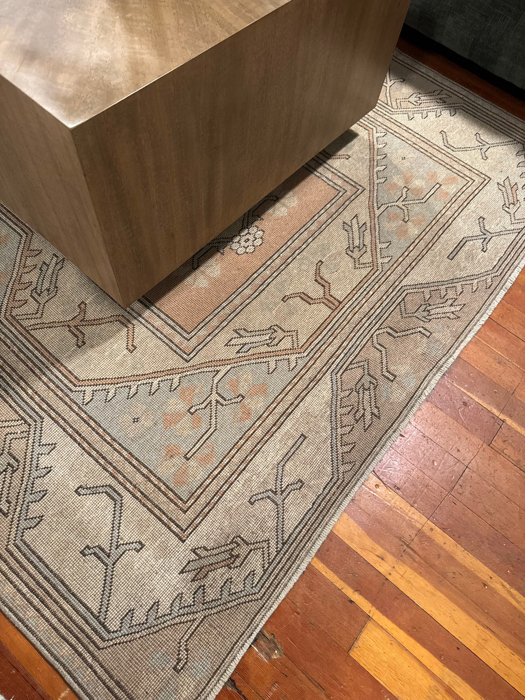 Vintage Turkish "Tribal" Rug in Peach/Tan/Pale Blue