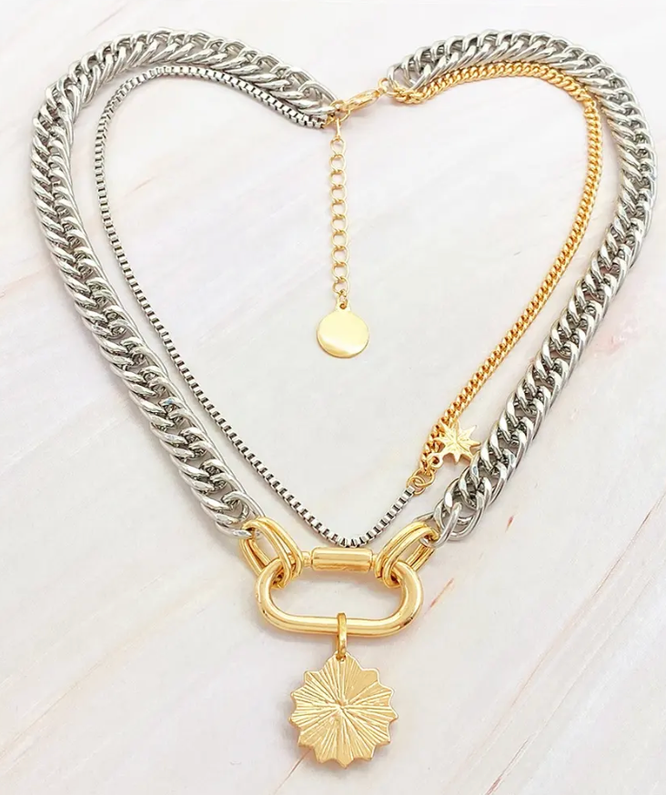 Carabiner Evil Eye Charm Stacked Necklace