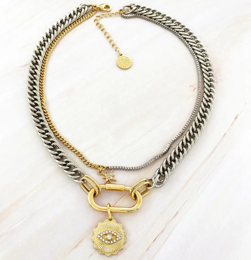 Carabiner Evil Eye Charm Stacked Necklace