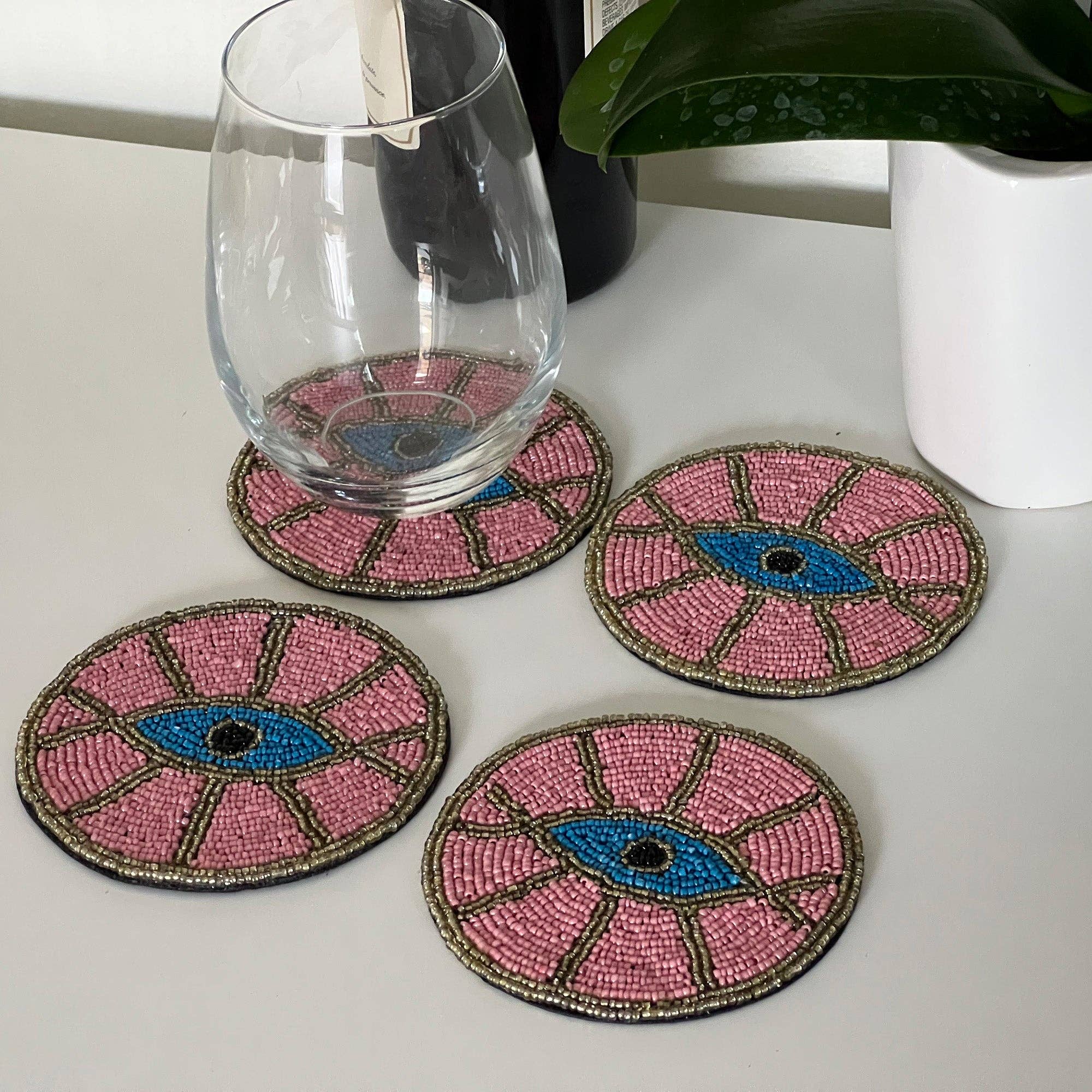 Coasters Pink Evil Eye Beaded, Set of 4