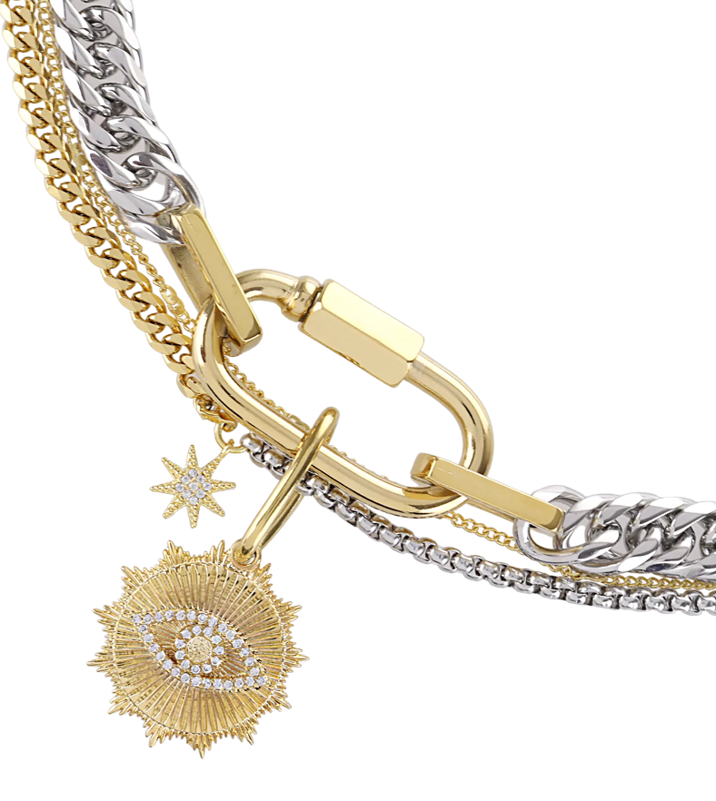 Carabiner Evil Eye Charm Stacked Necklace