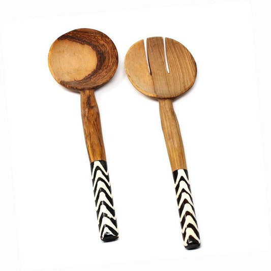 Olive Wood Serving Set, Chevron Batik Handles